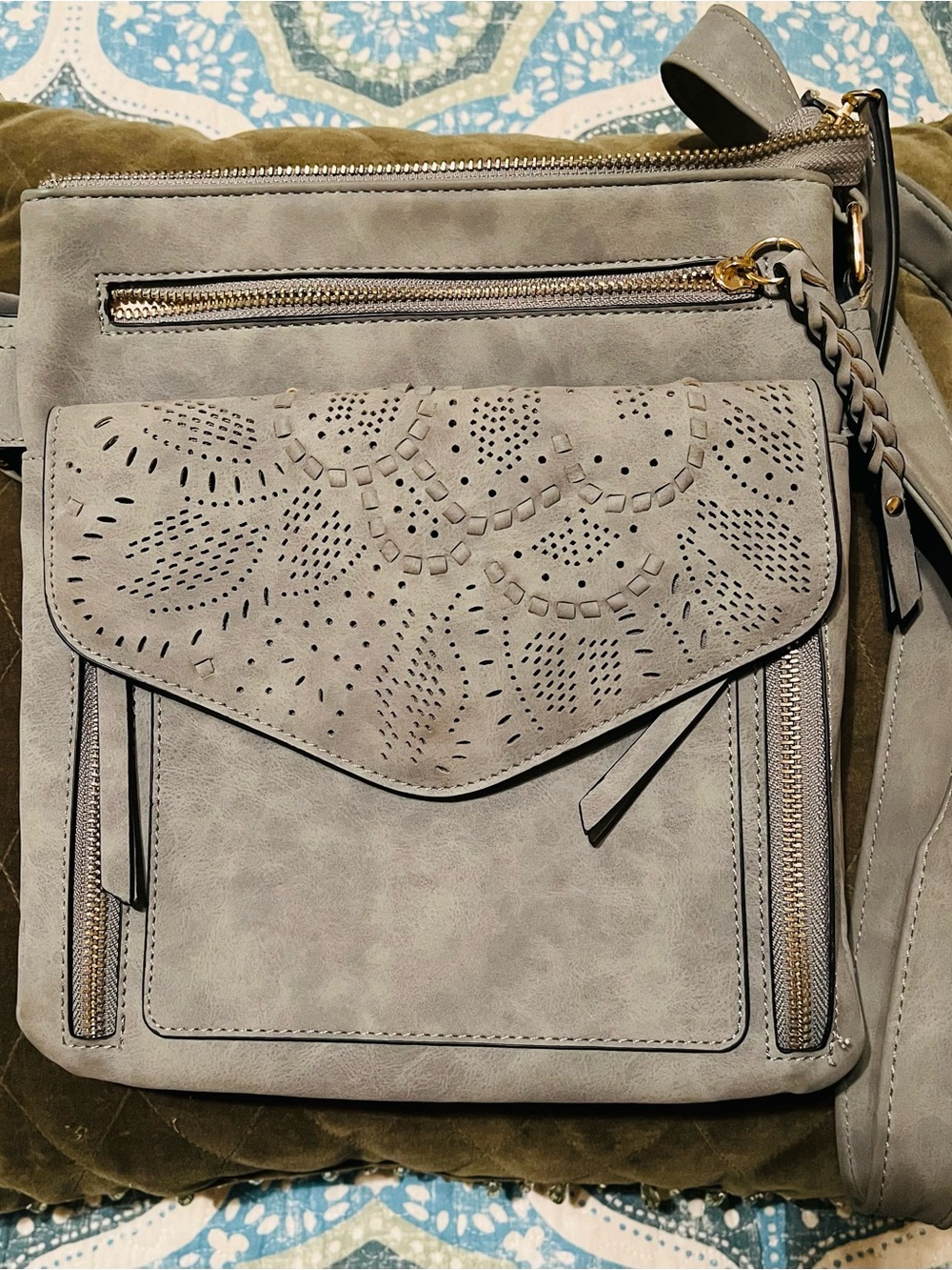 Gray Laser-Cut Flap Crossbody Bag - Casual Everyday Tote